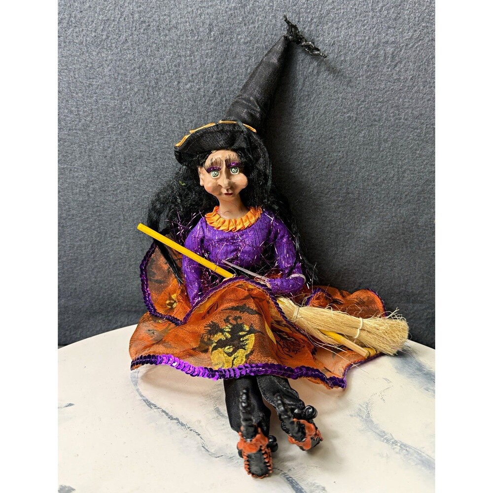 Halloween Witch Figurine w/ Broom Freestanding Purple/Orange/Black 14 in